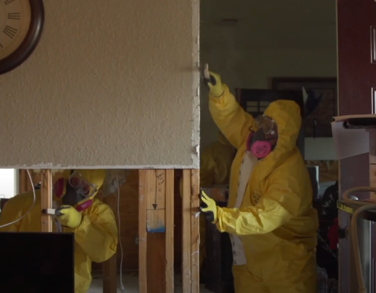 Team of restoration professionals cleaning and removing mold from inside drywall in Hudson County