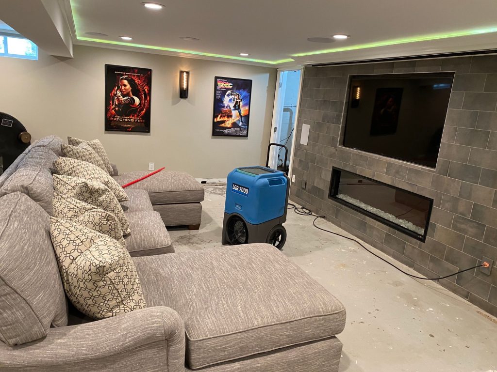 Flooded basement requiring removal of carpet and mold remediation
